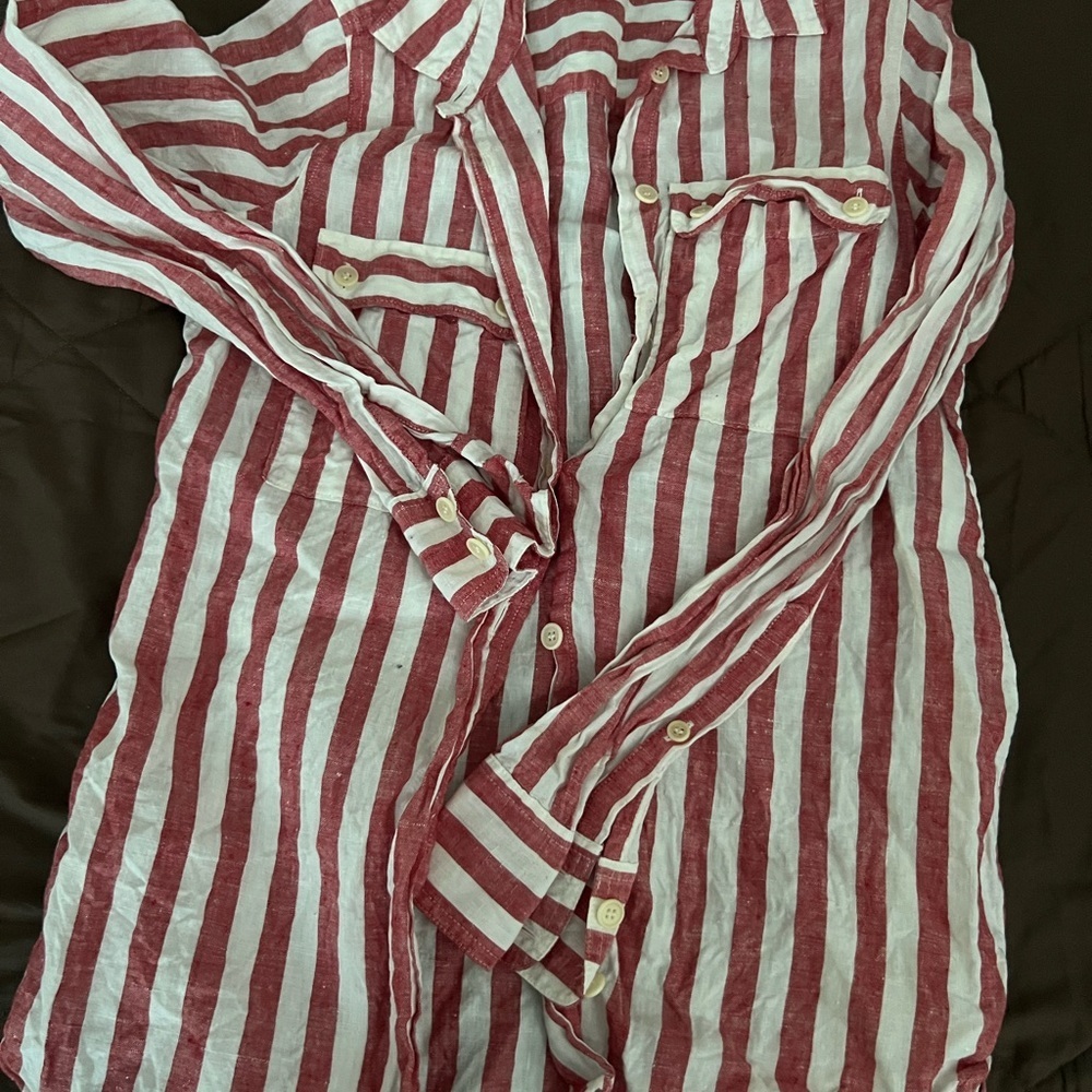 Red and White Striped Button-Up Shirt
